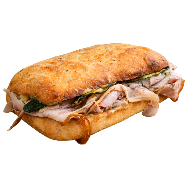 La Rustica – focaccia à la porchetta Tronca, pommes de terre et courgettes