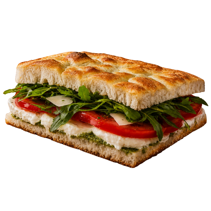 La Caprese – focaccia aux tomates, mozzarella, roquette et pesto
