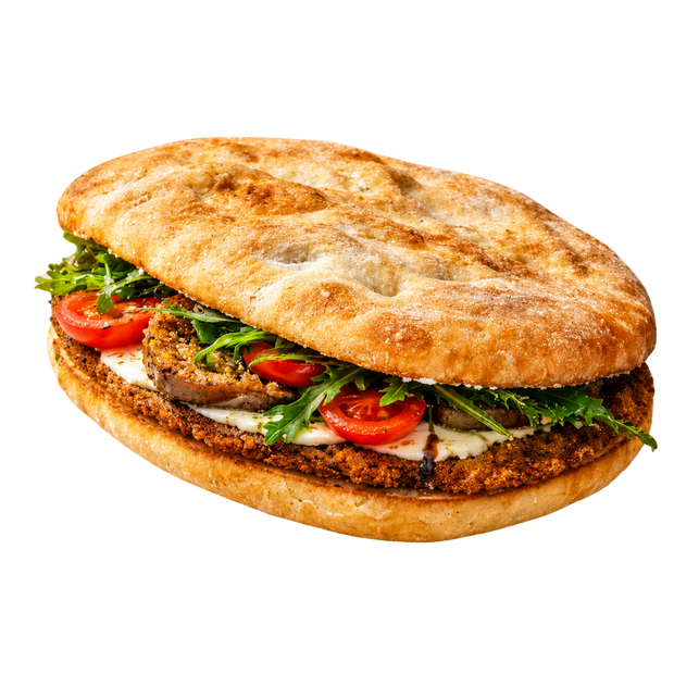 La Siciliana – focaccia végétarienne aux aubergines, tomates et mozzarella
