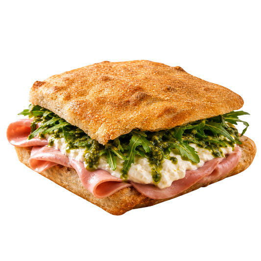 La Mortazza – focaccia à la mortadelle, stracciatella, pesto et roquette