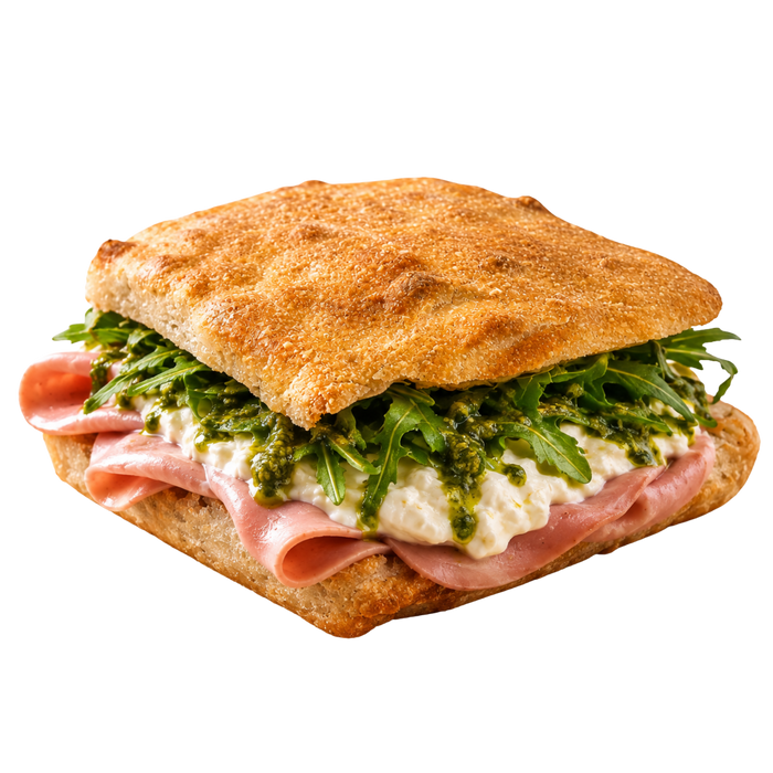 La Mortazza – focaccia à la mortadelle, stracciatella, pesto et roquette
