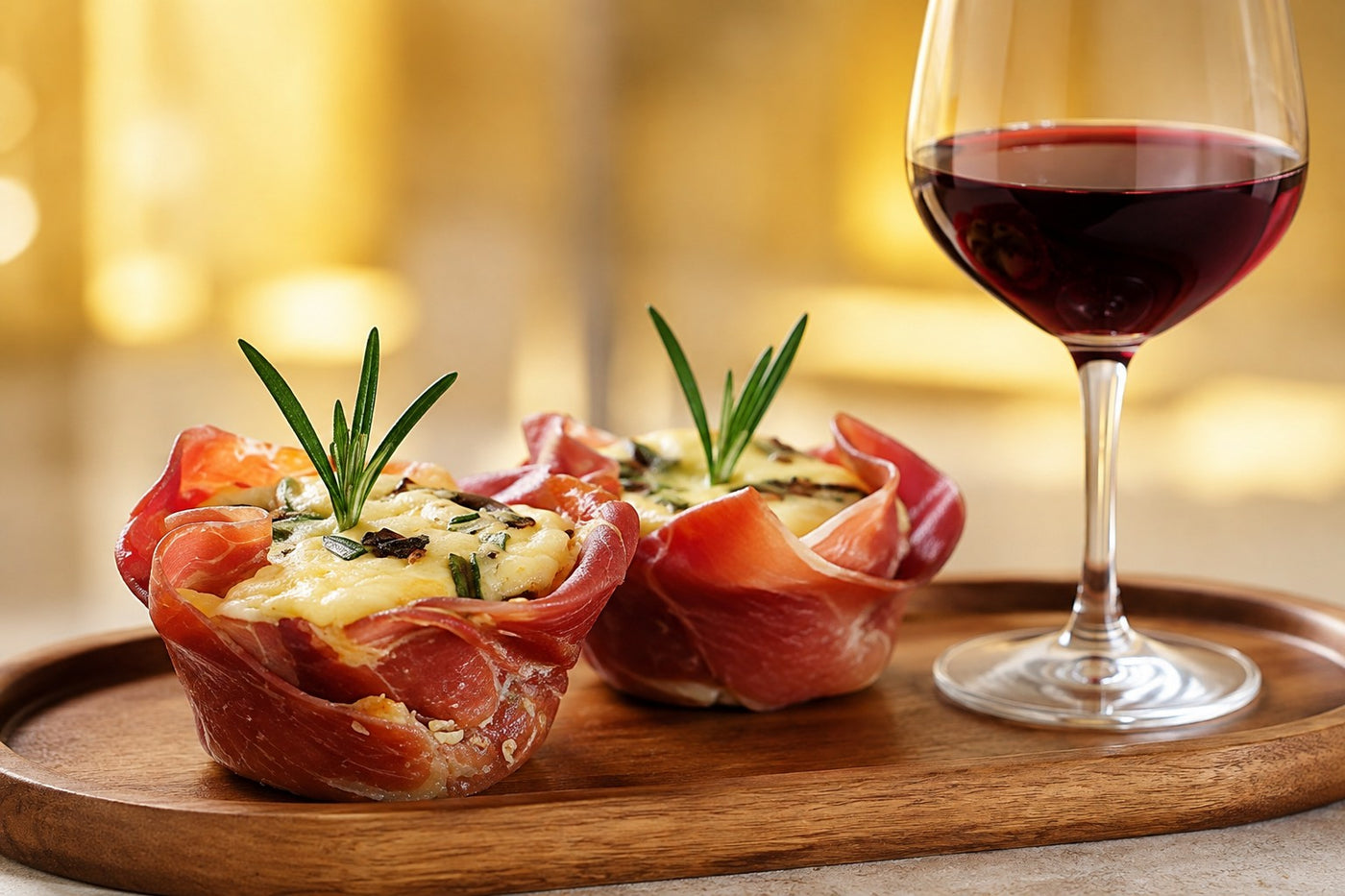 Cestini de prosciutto au cœur fondant avec accord de Pinot Noir
